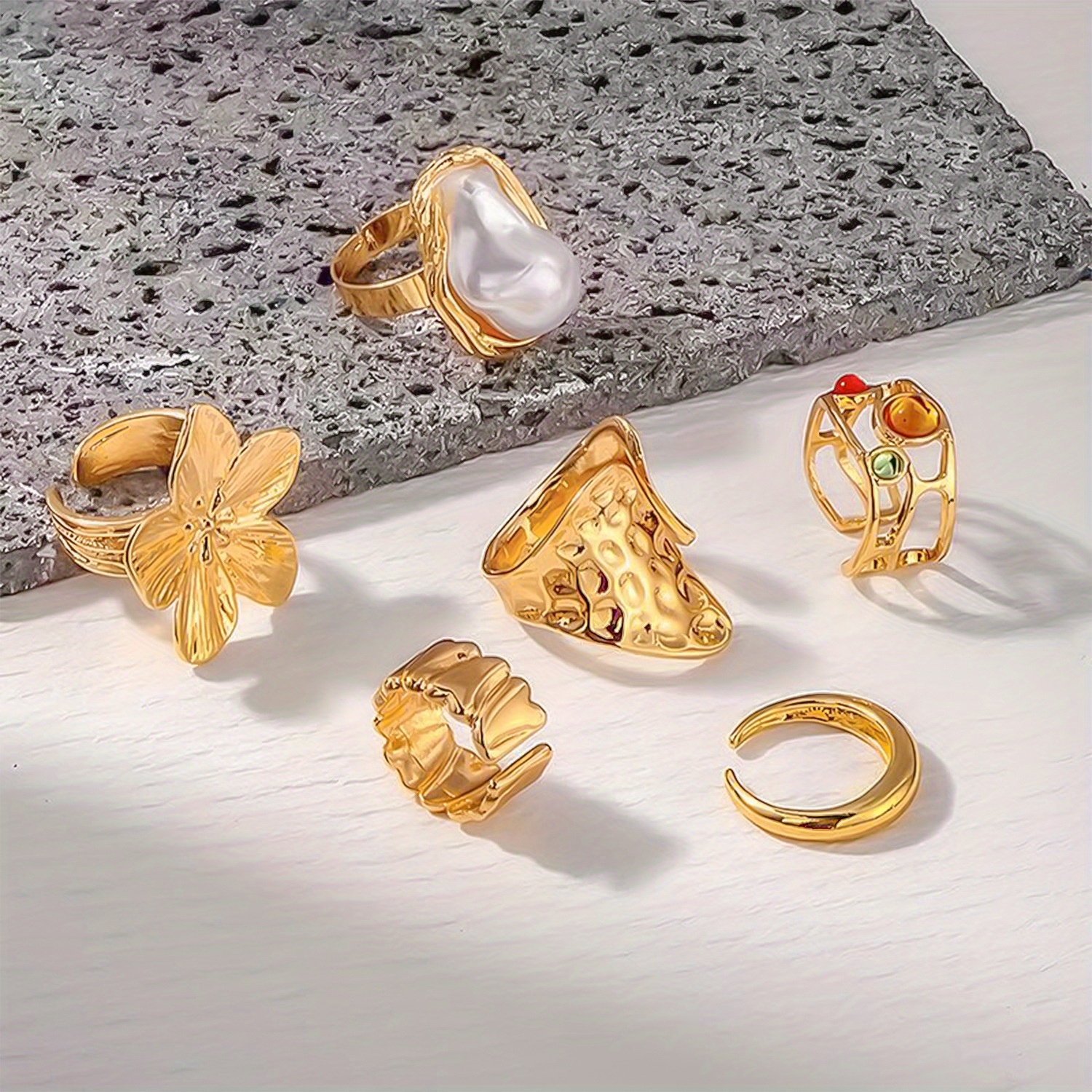 6pcs French Baroque Flower Statement Rings Set with Pearl Accent